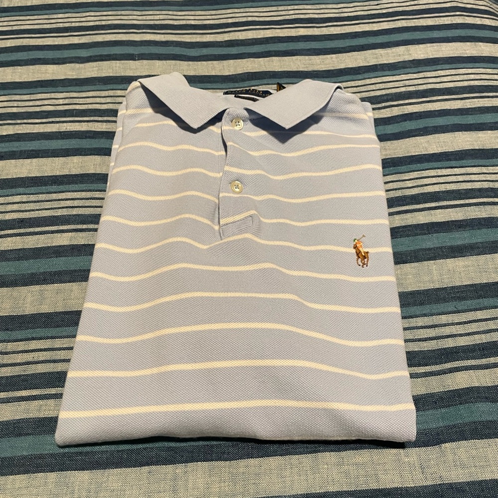 Pale blue and white striped classic polo shirt no stains in great condition